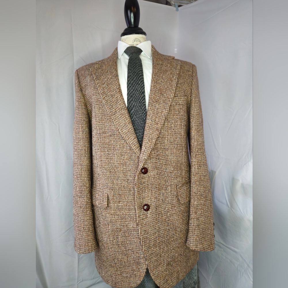 Stafford Harris Tweed Rust Brown Sport Coat 44R Est Handwoven Scottish Wool
